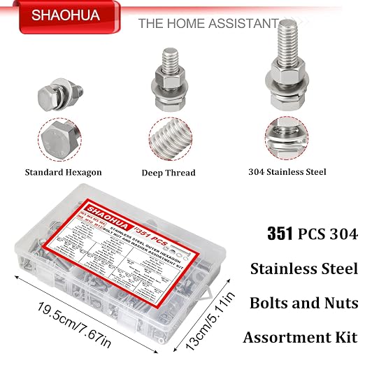 M3/M4/M5/M6/M8/M10/M12 Metric Bolt Assortment Kit, 304 Stainless Steel Heavy Duty Flat Hex Head Screws Bolts and Nuts Kit, Nuts Flat Gasket and Lock Washers Assortment Ki, Silver, 351Pcs