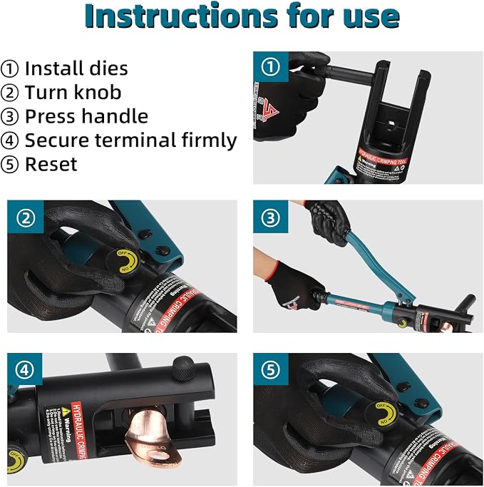 YQK-300 Hydraulic Crimping Tool 12T, Wire Crimper for Battery Cable Terminals 16-300mm²(6 AWG to 8/0 AWG)with 11PCS Hex Dies,16mm Stroke, 180°Swivel Head - Professional Electrician Crimper(Blue)