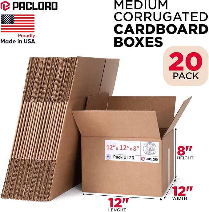 Medium Cardboard Boxes 12"L x 12"W x 8"H (Pack of 20) - USA-Made Packing Boxes for Moving, Shipping, or Storage - USPS, UPS, FedEx Approved - Professional Packing Supplies for Moving | USA-Made Packing Boxes for Moving, Shipping, or Storage - USPS, UPS...