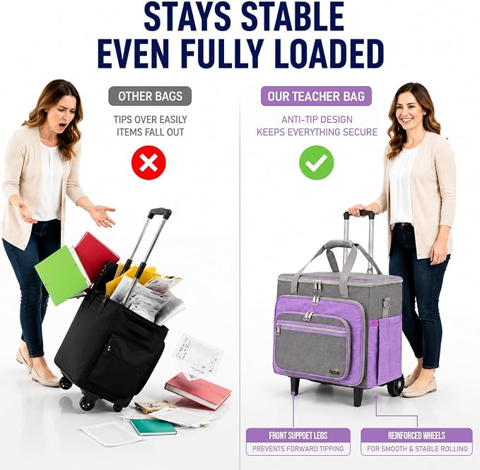 Upgraded Rolling Bag with Detachable Dolly, Heavy Duty Wheeled Teacher Bag, Multifunctional Rolling Briefcase for Work, Office, Craft Storage & Travel (Purple)