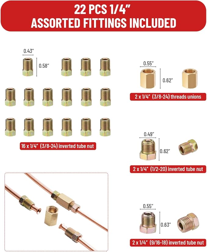 25 ft 3/16in &1/4in Copper Coated Brake Line Flaring Tool Kit, Includes 3-in-1 Tube Bender, Double & Single Flaring Tool Set, 1 Tube Cutter, 4 Threads Unions, 40 Fittings