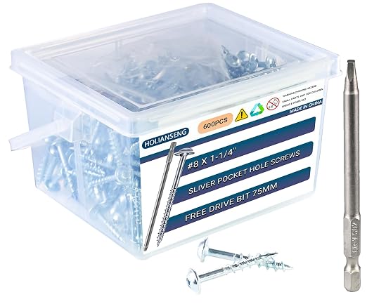 600-Pack #8 x 1-1/4" Interior Pocket Hole Screws – Coarse Thread, Square Drive, Washer Head, Zinc Plated – Includes 150mm Drive Bit