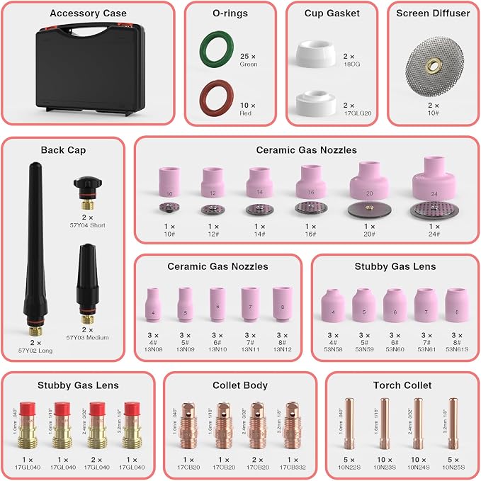 YESWELDER 123 Pcs TIG Welding Torch Stubby Gas Lens Ceramic Cup Kit For WP-17/18/26