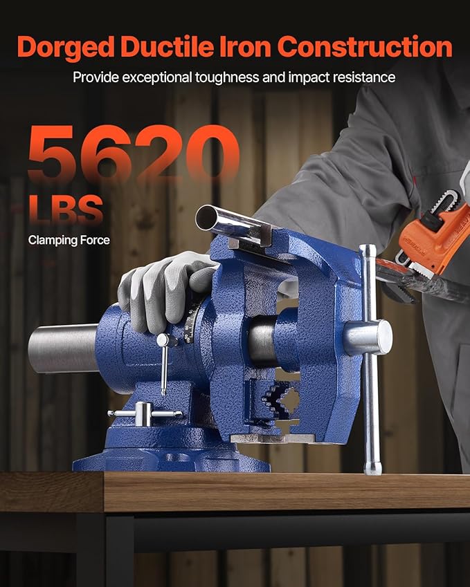 VEVOR Heavy Duty Bench Vise, 6.5 Inch Jaw Width, 5 Inch Max Opening, Multi-Purpose Ductile Iron, Anvil, 360° Swivel Base, 5620 Lbs Clamp Force