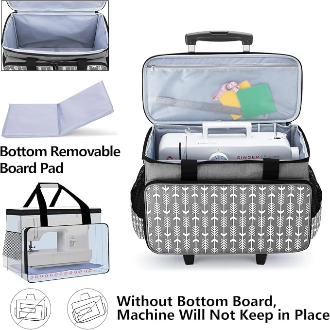 Yarwo Upgraded Rolling Sewing Machine Carrying Case, Detachable Trolley Tote Bag with Removable Bottom Board and Thickened Trailer Leg for Most Standard Sewing Machine and Accessories, Gray with Arrow