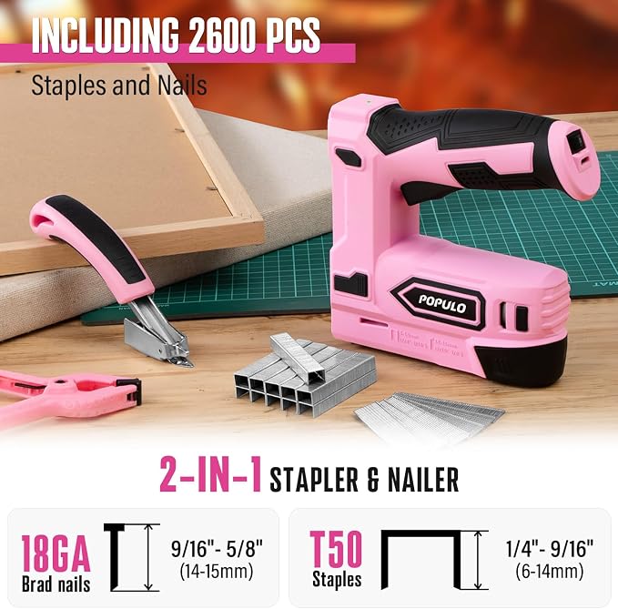 POPULO Pink Cordless Staple Gun, 2-in-1 Nail Gun Battery Powered with 2600Pcs Staples and Nails, 4V Brad Nailer Tacker Electric Stapler for Upholstery, Material Repair, Carpentry, Wood, DIY