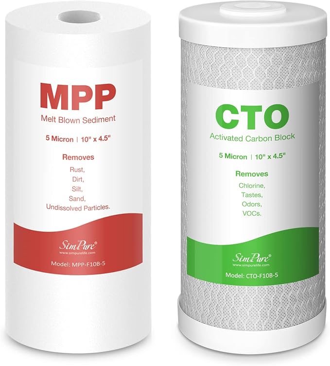 SimPure Whole House Water Filter Cartridges 5 Micron 10" x 4.5" PP+CTO 2-Stage Sediment and Carbon Filter Set, for DB10C-2, DB10P, GE FXHTC, GXWH40L, WGB21B, FP15B, FC15B, 1 Set