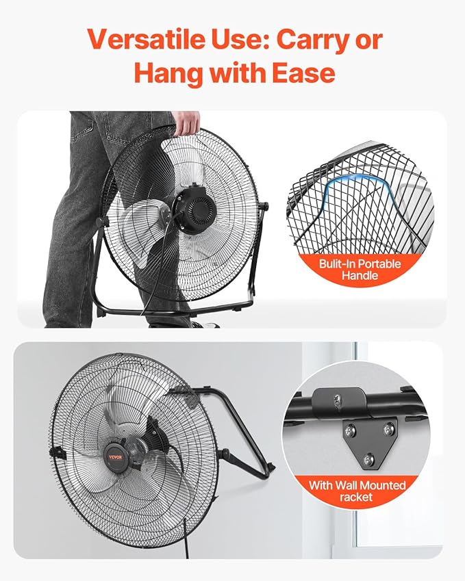 VEVOR Floor Fan, 3 Speeds High Velocity Heavy Duty 20 Inch Industrial Fan, 4800 CFM 360° Adjustable Tilt 21.33 ft/sec Airflow Large Metal Fan, for Home, Gym, Office, Garage, Commercial Shop & Bedroom