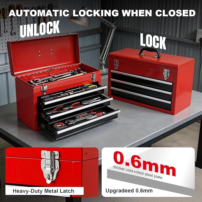BIG RED Metal Tool Box, 20.5-inch, Portable Metal Tool Box with 4 Drawers, Small Tool Chest with EVA Liners, Ball Bearing Slide Drawers Locking & Powder Coated Finish, Multi-Function Tool Organizer