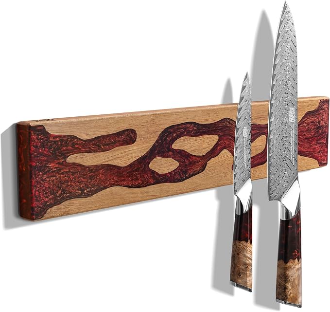 FINDKING Magnetic Knife Strip for Wall, Solid Acacia Wood with Deep Red Resin Inlay, Wall-Mounted Knife Holder with Strong Magnetic Hold, No-Drill Adhesive Mount (16 Inch)