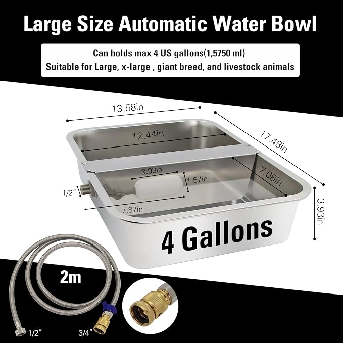 4 Gal Automatic Dog Water Bowl, Stainless Steel Auto Fill Livestock Waterer | Includes Hose & Float Valve. Fits 3/4" GHT. Rust-Proof. 2 Drinking Zones for Dog &Chicken Indoor & Outdoor Use