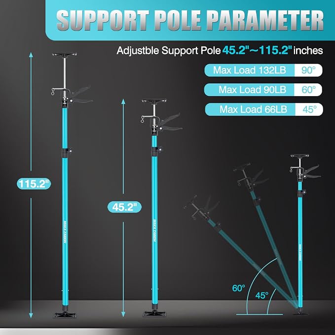 Steel Adjustable Cabinet Jack Support Pole, Quick Support Rod & Drywall Jack, Zip Wall, Dust Barrier Poles, 3rd Hand Support System Load 132LB, Cabinet Installations Tools from 45.2-115.2 in, 2-Pack
