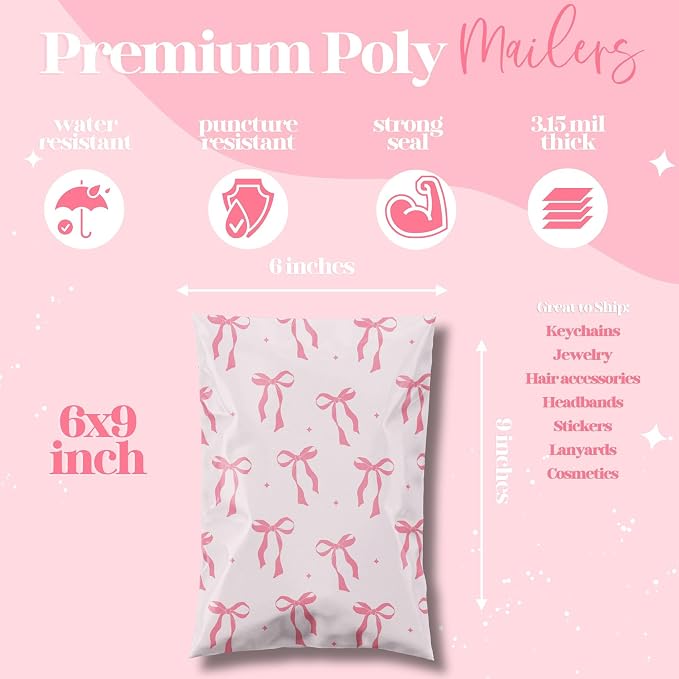 Pretty Package Store Poly Mailer 6x9, Pink Bows Coquette, 100 Pack | Heavy Duty, Waterproof, Self Seal, Tear Resistant, Shipping Bags for Small Business Packaging, Bulk Mailing Envelopes