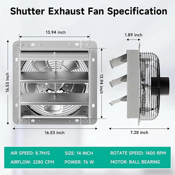14" Shutter Exhaust Fan - Heavy Duty AC Motor, 2280 CFM Airflow | Industrial AC roller motor fan for 24/7 use. Heavy-duty steel blades. Rust-resistant. Independent power switch. 10-year life.