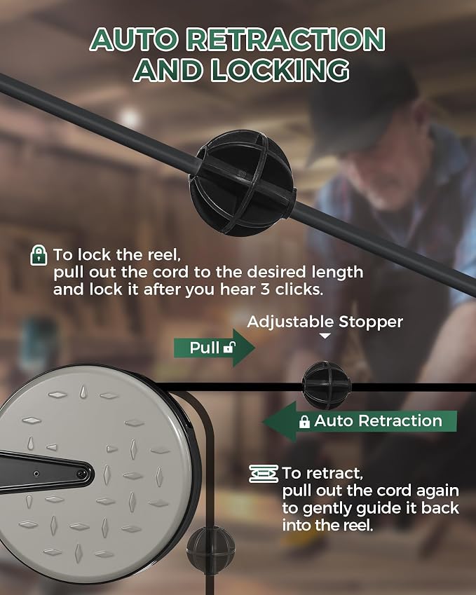 18W LED Work Light and 30 Ft Retractable Extension Cord Reel Bundle, for Garage, Workshop, Car Repair Scene, ETL Listed J04WL06-S30CR06