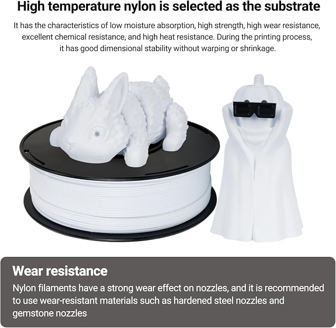 Kingroon PA6 Nylon 3D Printer Filament 1.75mm, 1kg White Filament, High Strength Filament for Engineering Parts, Dimensional Accuracy +/- 0.03mm
