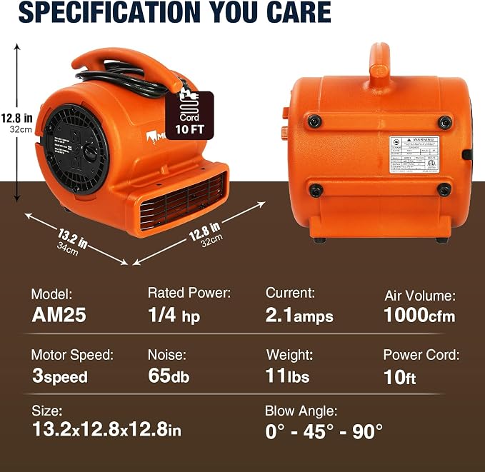 MOUNTO 1/4hp 1000CFM 2 Speed Air Mover Carpet Dryer Floor Fan Cooling Fan (Orange)