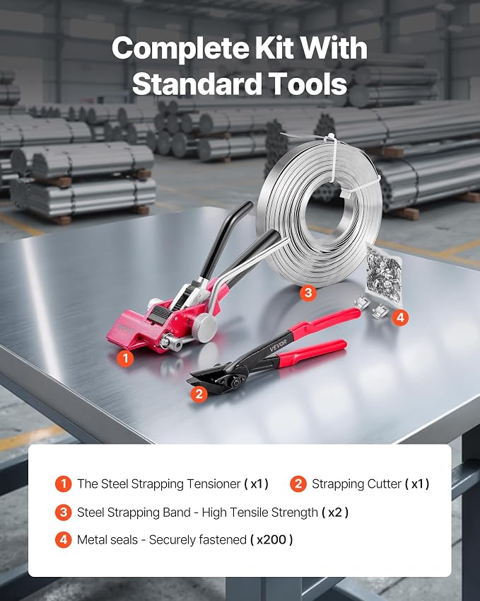 VEVOR Steel Banding Strapping Kit, Heavy Duty Banding Sealer Tool with 200 ft Binding Straps, 200 Metal Clasps, Manual Pallet Packaging Strapping Kit for Warehouse, Transportation, Industrial Bundling