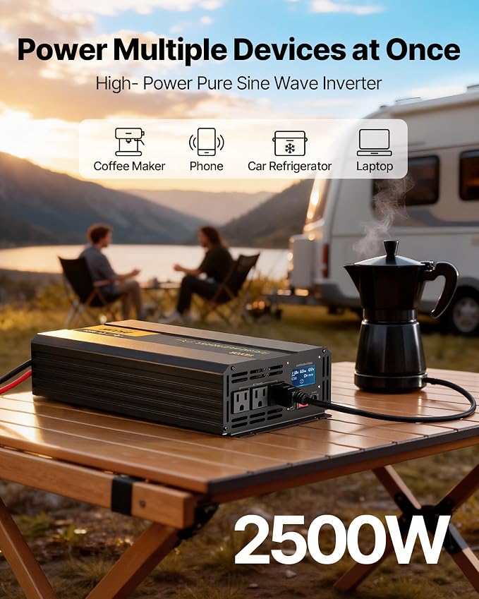 VEVOR 2500W Pure Sine Wave Inverter, 12V DC to 120V AC Car Inverter, 3 AC Outlets, USB Port, LCD Display, Remote Controller, Black, for RV Truck Car Solar System Travel Camping