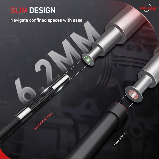 RALCAM Two-Way Articulating Borescope, 5" Industrial Endoscope Camera with Light, 0.24in/6.2mm Slim Probe, 5FT Semi-Rigid Video Inspection for Automotive Engine, HVAC, Mechanical, Wall