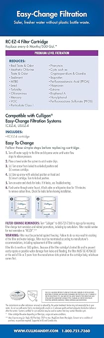 Culligan RC-EZ-4 Premium Water Filtration Replacement Cartridge for Under-Sink, Refrigerator, & RV Systems - EZ Change Water Filter System (500 Gallon Life) (Pack of 2)