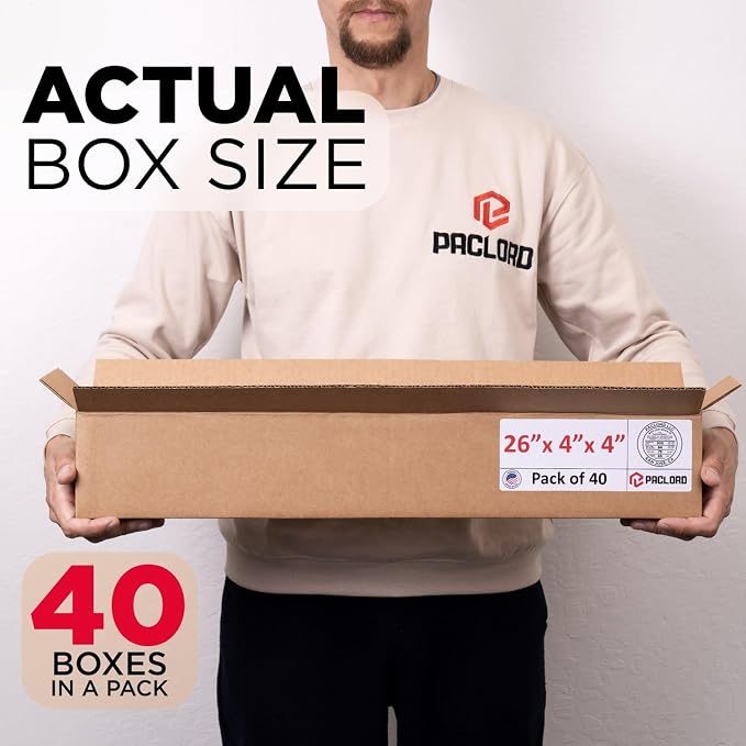 Long Cardboard Boxes 26"L x 4"W x 4"H (Pack of 40) - USA-Made Packing Boxes for Moving, Shipping, or Storage - USPS, UPS, FedEx Approved - Professional Packing Supplies for Moving | USA-Made Packing Boxes for Moving, Shipping, or Storage - USPS, UPS, F...