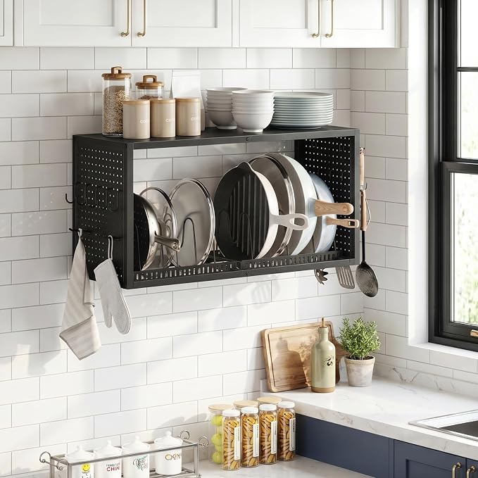CHOEZON Pot Rack Wall Mounted, 3 in 1 Pots and Pans Organizer, Heavy Duty Hanging Pot Hanger, Storage Rack with 2 tier Kitchen Racks, for Kitchen and Dining Room, Black TPR30BB
