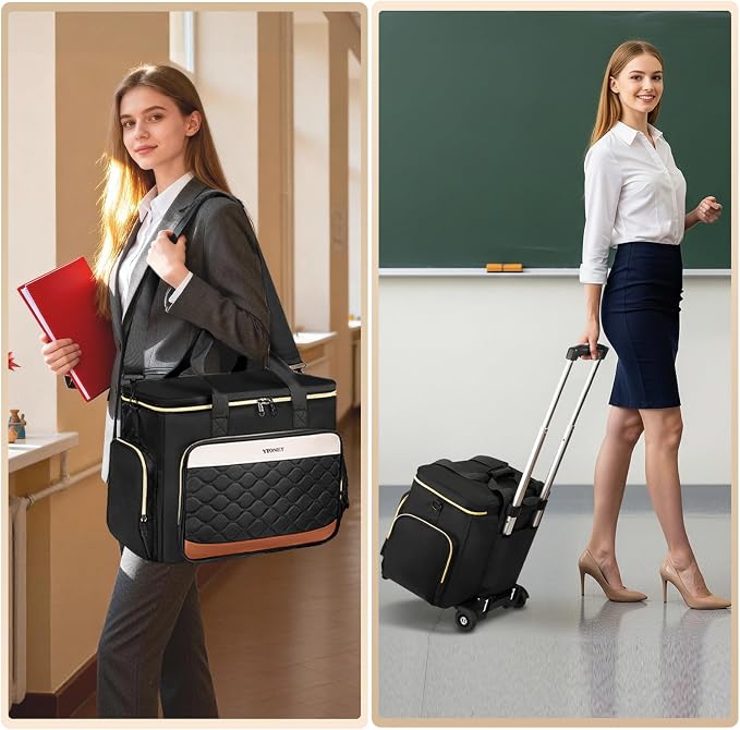 Ytonet Rolling Teacher Bag with Insulated Lunch Carrier, 15.6" Rolling Laptop Bag Women with Detachable Dolly, Large Roller Briefcase for Women Roller Tote Bags for Teacher Work Office Nurse Craft