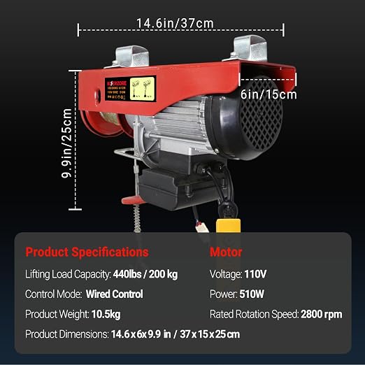 440 Lbs Electric Hoist Winch with 14 ft Wired Control - 110V Electric Winch with 40ft Lift Height for Garage, Warehouse, ATV, Engine Hoisting, Furniture & Drywall Lifting