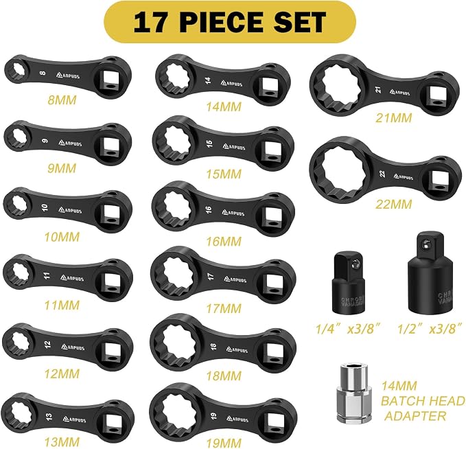 ANPUDS 17 Pcs Metric Torque Adapter Set, 8-22mm, 3/8" 12-Point Extension | 1/2''+1/4'' + Bit Adapter, Cr-Mo Steel, Torque Wrench Adapter, for Engine Bay, Brake, Suspension & Tight Access, Black