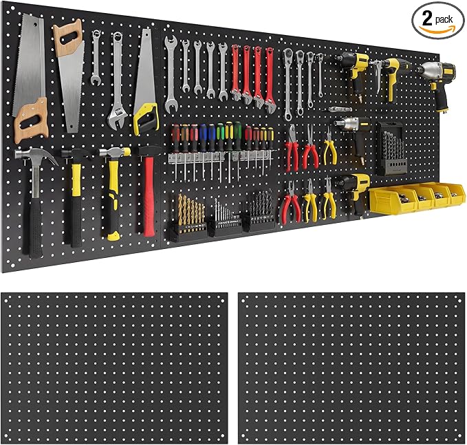 2 Pcs 24”×16”Metal Pegboard Panels, Heavy Duty Peg Boards with Hooks, Steel Organization Panels for Garden Tool Storage, Walls Home, Office, Black