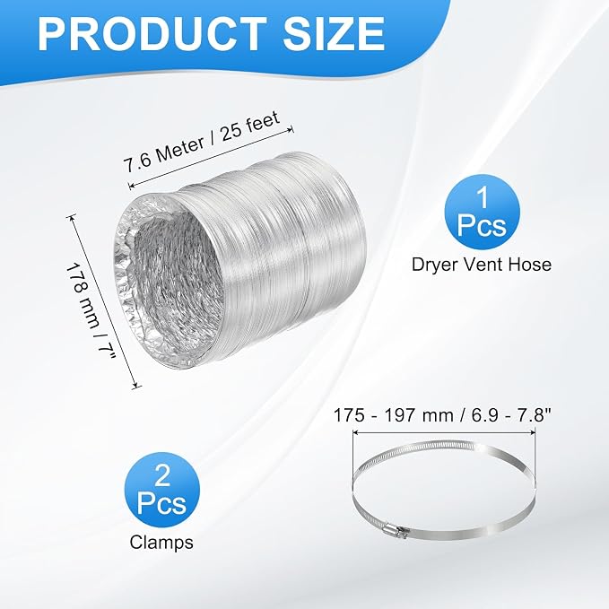 PATIKIL 25 Feet Dryer Vent Hose, 7 Inch Diameter Flexible Aluminum Ducting Flex Air Ducting Dryer Vent 2 Clamps Included for Heating Ventilation Air Conditioning, Silver