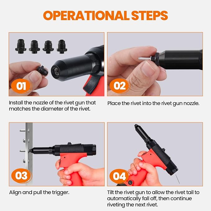 Pneumatic Rivet Gun Air Pop Riveter Tool Kit with 1/8", 5/32", 3/16", 1/4" Rivet Nozzles, Pneumatic Riveting Gun, Upgraded Air Riveter Hydraulic Pop Riveting Rivets Tool, No-Self-Suction