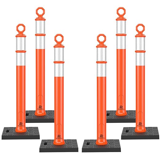 RoadHero 42 Inch Delineator Post with Base, Portable Orange Traffic Delineator Posts Cones with Reflective Collars for Parking Lots, Road Safety, Construction Events (6 Pack)