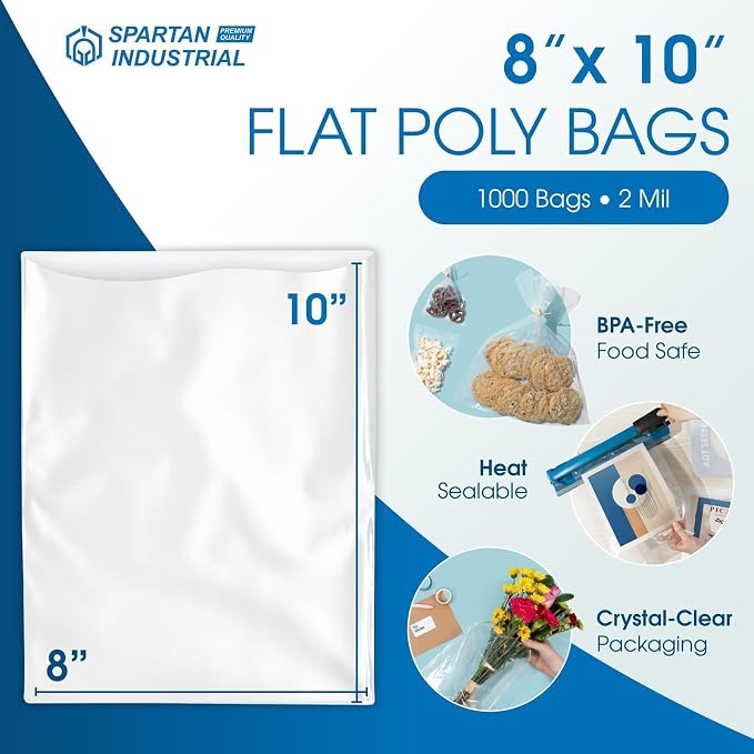 8" X 10" Open-End Flat Poly Bags (1000 Count) - 2 Mil Clear Plastic Bags for Packaging, Shipping, Storage - No Adhesive Strip - Spartan Industrial