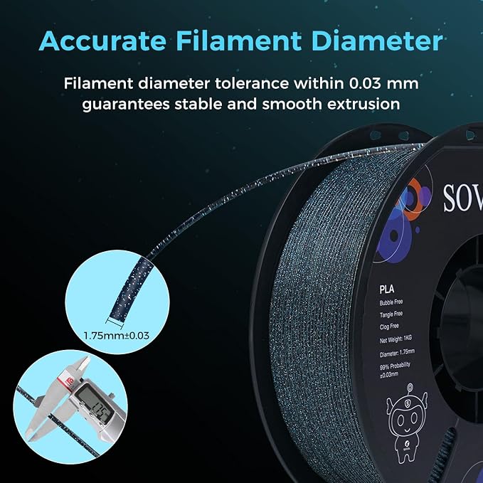 Sovol 3D Printer Luminous Filament, Glow in The Dark PLA 1kg (2.2 lbs) Spool 3D Printing Materials, Dimensional Accuracy +/- 0.03 mm, 1.75 mm, Shiny Blue