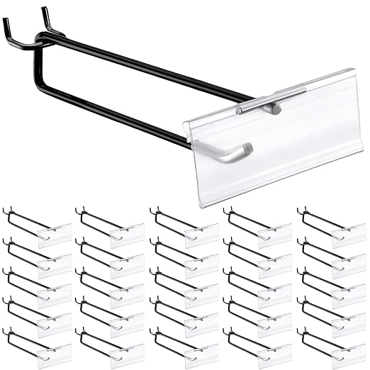 Tandefio 50 Pack 4 Inch Black Metal Peg Board Hooks with Clear Plastic Label Holder Stainless Steel Display Pegboard Hooks for 1/8'' to 1/4'' Pegboard Wall for Garage Storage Retail Shop Supplies