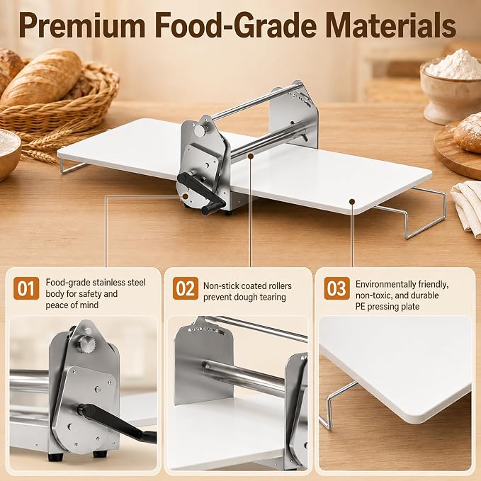 Manual Dough Sheeter, Counter Top Dough Sheeter, Compact Dough Sheeter Machine For Bakery Pizza，12 IN Wide Dough Machine With Adjustable Thickness, 304 Stainless Steel