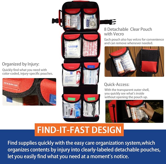 Waterproof First Aid Kit 418Pcs for Car Home Outdoor Emergency Survival | Color-Coded Organized Pockets, Dual-Handle Design; Waterproof Material for Car Home Hiking Backpacking and Daily Emergencies