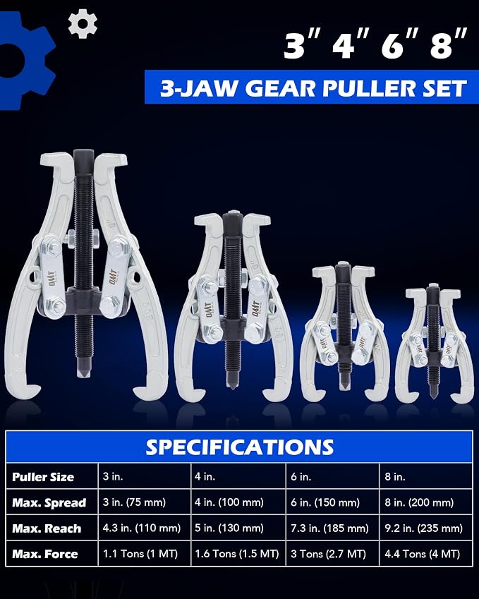 Orion Motor Tech Gear Puller Set, 3" 4" 6" 8" 3 Jaw Puller Kit for Pulley Gear Bearing Flywheel Removal, Heavy Duty Pulley Puller with Reversible Jaws 4 pcs Bearing Puller Tool Kit