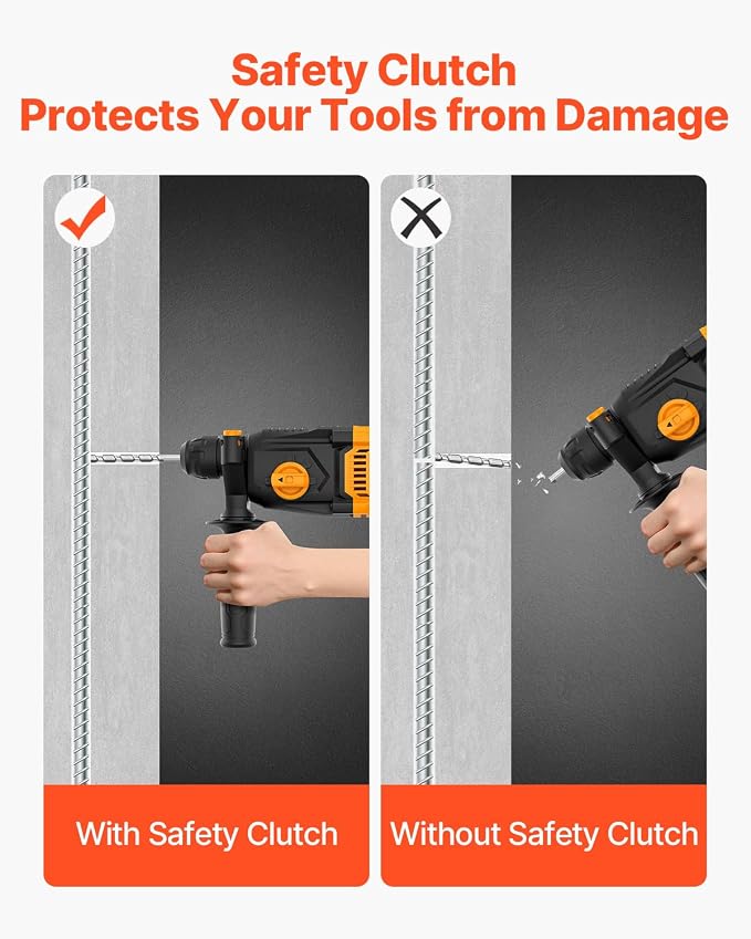 VEVOR 1 Inch SDS-Plus Rotary Hammer Drill, 8 Amp Corded Drills, Heavy Duty Chipping Hammers w/Safety Clutch, Electric Demolition Hammers, Taladro Rotomartillo, Power Tool For Concrete