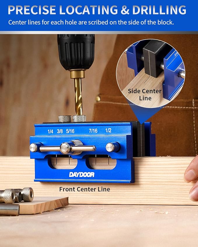 DAYDOOR 2.1" Self Centering Dowel Jig, Universal Capacity Doweling Jig & Drill Guide for Woodworking, Complete Kit with 6 Steel Bushings for Straight Holes(Blue)