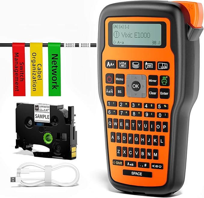 Vixic Label Maker Waterproof-Labels for Cable Wire Labeling, Industrial Heat Shrink Labeler Machine, E1000 Handheld Electric Labelmaker with Keyboard & Laminated-Tape for Electrician IT Network Office