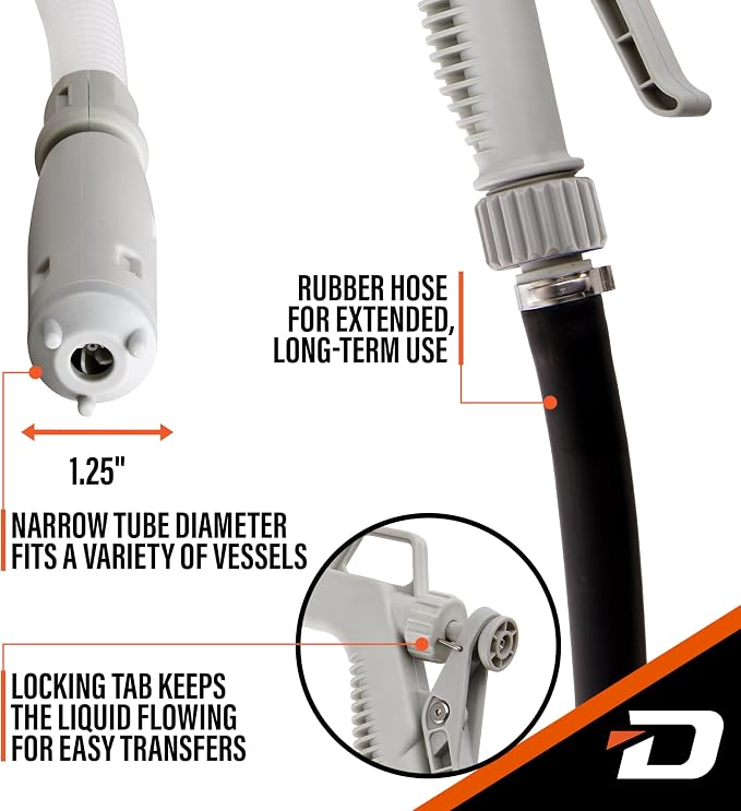 DeWay Fuel Transfer Pump for Gas Can with Manual Hand Trigger Nozzle | Fast 2.4GPM Flow Rate, 51” Heavy Rubber Hose, 4 AA Battery Power & 3 Adapters for Gasoline, Kerosene, Diesel & Non-Potable Water