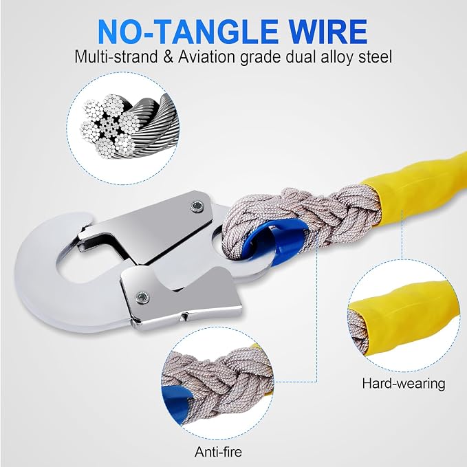 Self Retractable Lifeline Fall Protection Arrester 66FT Double Locking Roofing Safety Rope Lanyard Fall Arrest Gear, Dual Alloy Steel PPE shell Heavy Duty Hook Cable Wire