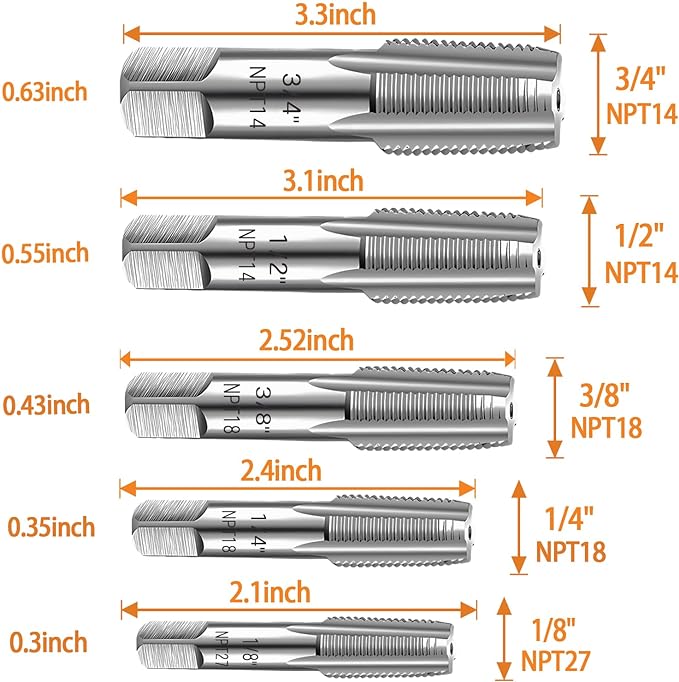 5-Piece NPT Pipe Tap Set, Precision Carbon Steel NPT Tap Set for Clean Accurate Threads, 3/4", 1/2", 3/8", 1/4", 1/8" NPT Tap, Perfect for Plumbers Mechanics DIYers, with Durable Plastic Case