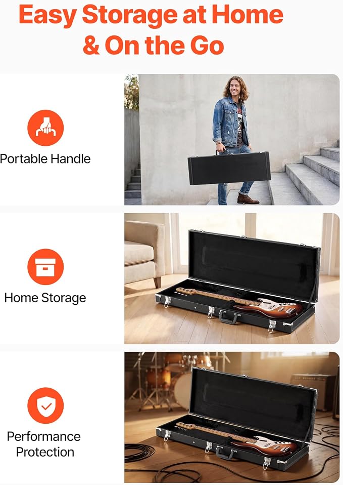 VEVOR Electric Guitar Hard Case, 41.3 Inch, Rectangle Wooden Hard-Shell Protective Carrying Case, with Lock Latch, Padding, Accessory Compartment, Key, for 39 Inch Tele/ST Electric Guitars, Black