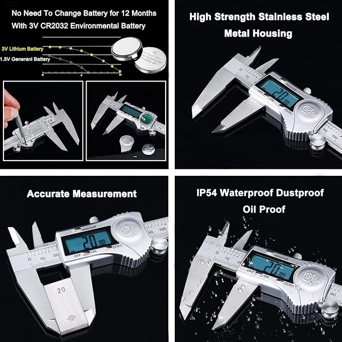 Kynup 0-12 Inch Digital Caliper, Calipers Measuring Tool with IP54 Waterproof Protection, Stainless Steel Design (150mm/200mm/300mm)