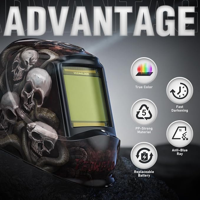 YESWELDER Large View Auto Darkening Welding Helmet, Blue Light Blocking, 1/1/1/1 True Color Solar Powered Welder Hood Mask with 4 Arc Sensors, Wide Shade 3/5-9/9-13 for TIG MIG ARC Cut and Grind