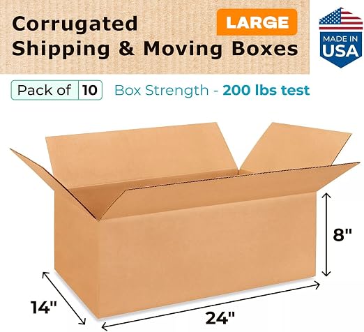 Large Shipping & Moving Boxes 24x14x8 inches (10-Pack) - Extra Strength 200 lb vs Regular - USA-Made Corrugated Large Boxes for Moving - Shipping Box for USPS, UPS, FEDEX by IDL Packaging -